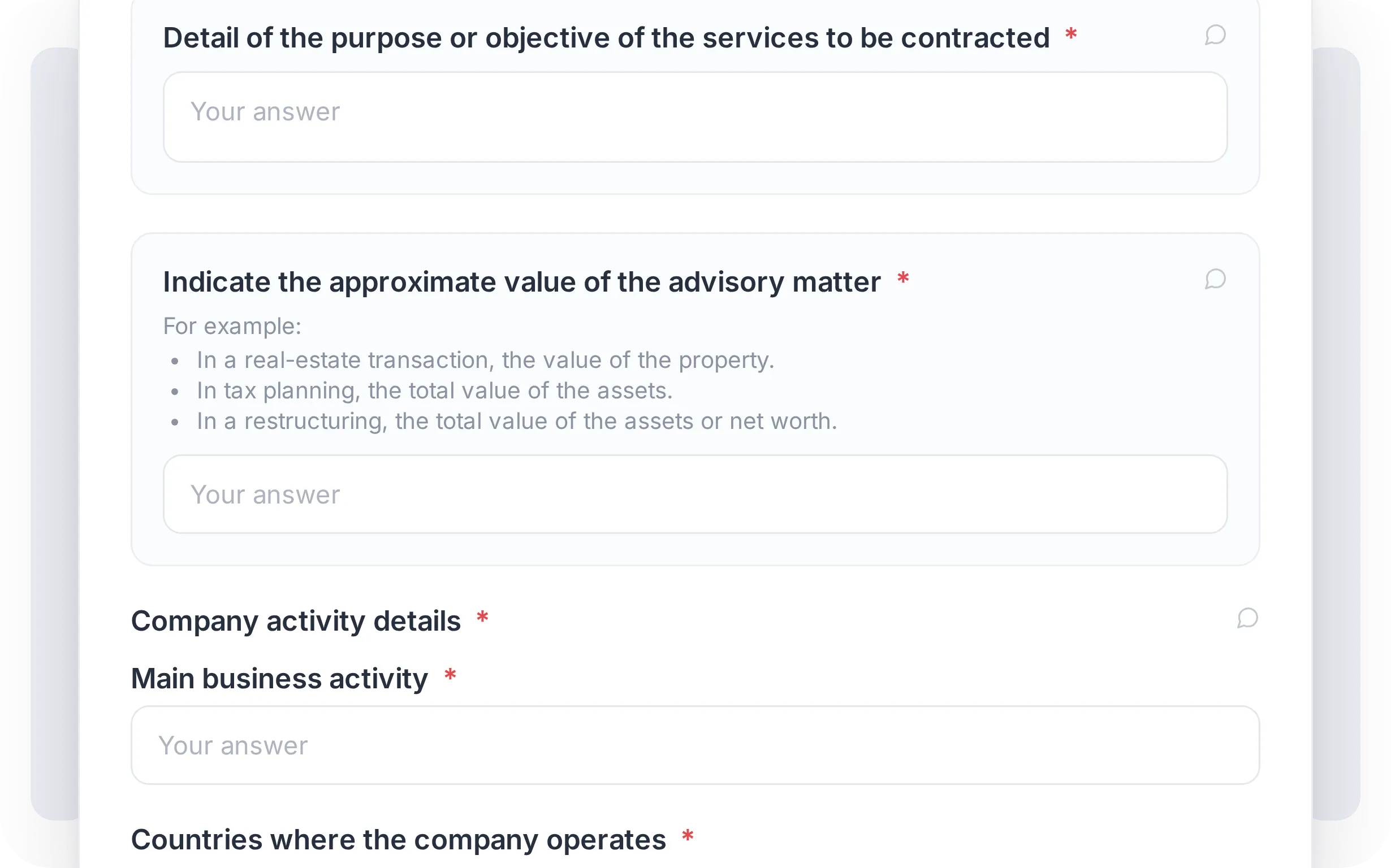 The AML form a client fills in, adapted to their profile