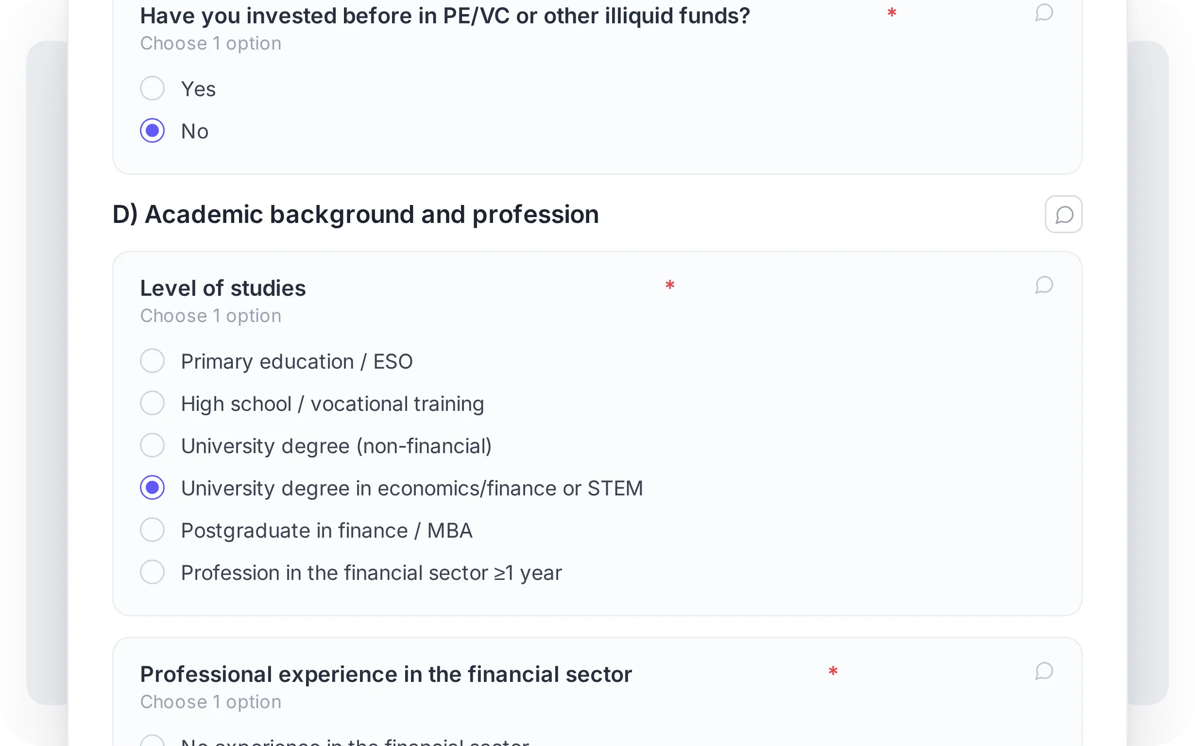 The MiFID appropriateness test inside the form, with the category it assigns