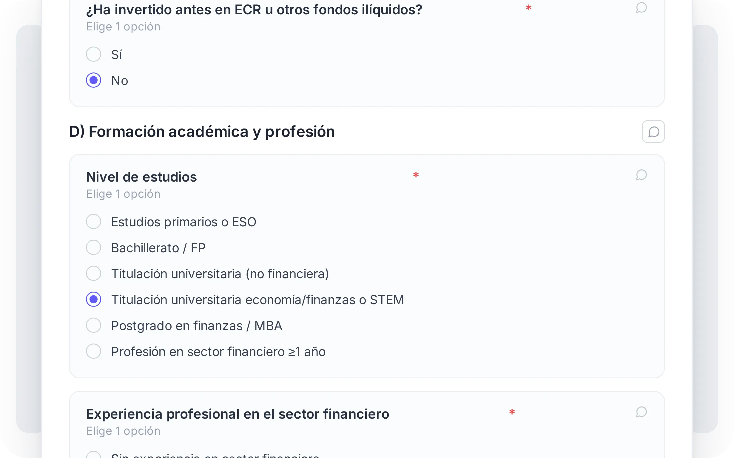 El test de conveniencia MiFID dentro del formulario, con la categoría que asigna