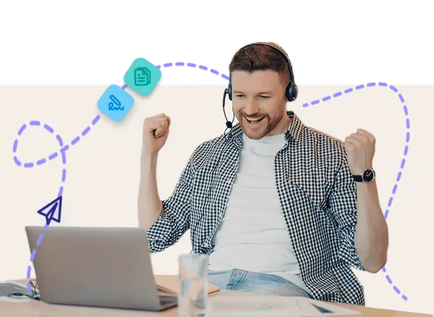 Una imagen que representa a un hombre de ventas celebrando el cierre de una venta